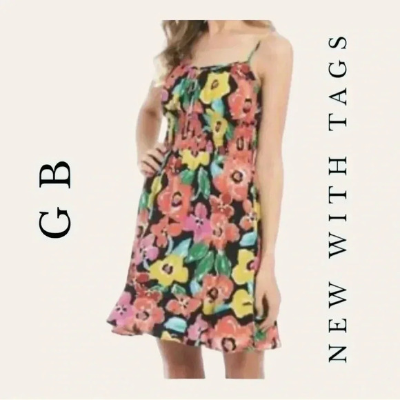 0097. Gb FLORAL MINI DRESS SMOCKING BACK ADJUSTABLE SPAGHETTI STRAPS SIZE SM‎ - Picture 1 of 9